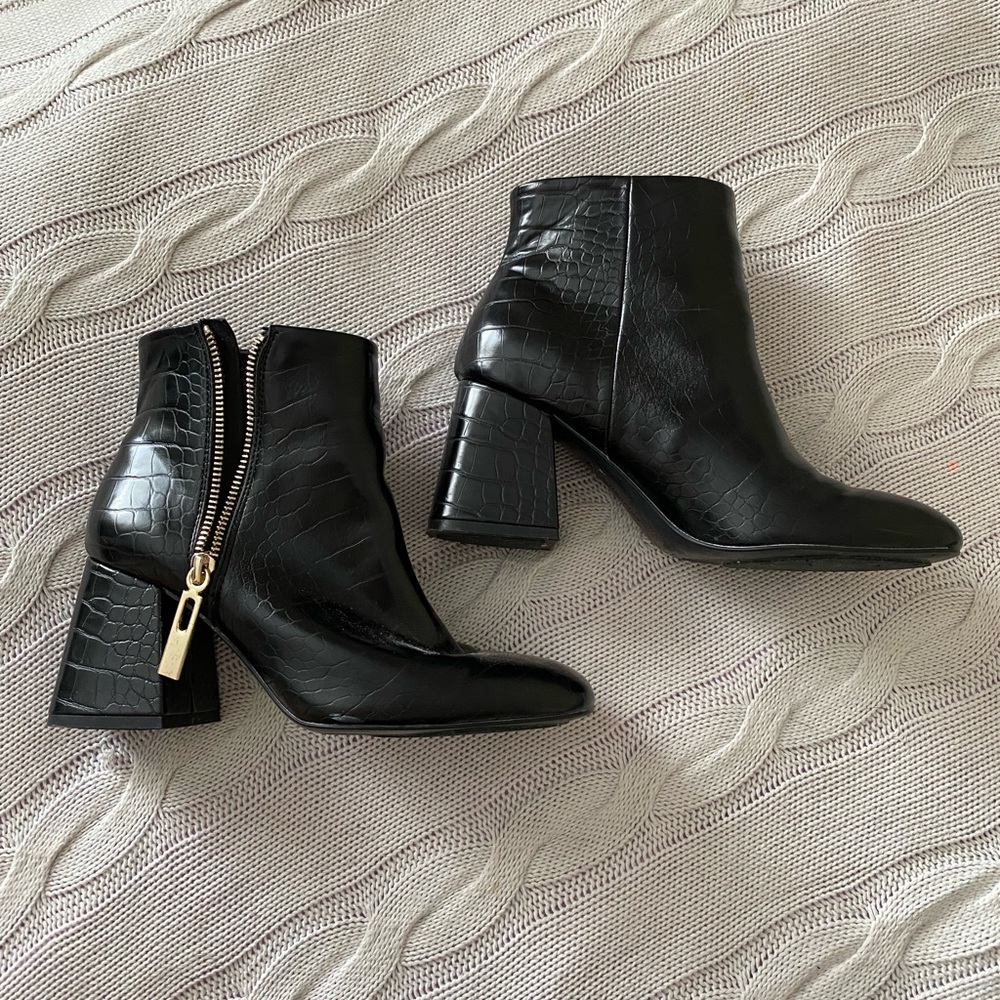 black printed heeled booties